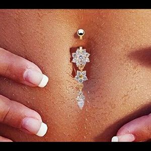 Gold Norse Dragon Knot with Aqua CZ Dangle Belly Navel Ring Body Jewelry